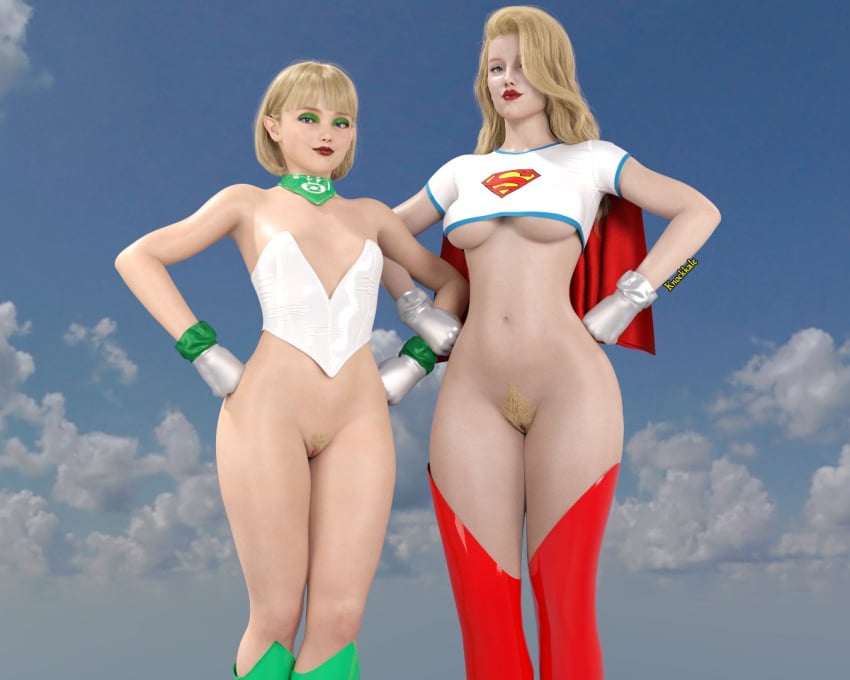 2girls 3d arisia_rrab big_breasts blonde_hair dc_comics female knockkale pubic_hair pussy small_breasts supergirl underboob