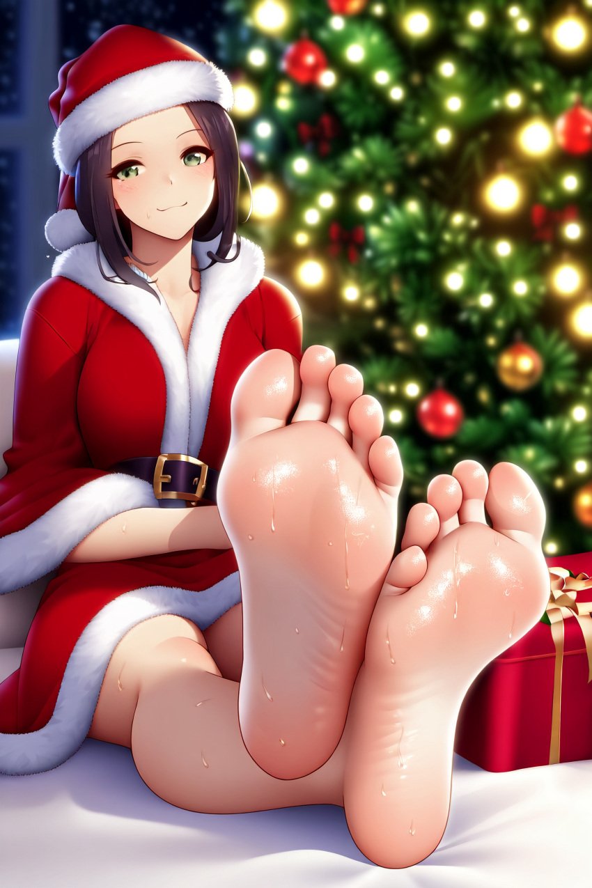 ai_generated barefoot belt big_feet christmas christmas_present christmas_tree feet feet_crossed feet_up foot_fetish foot_focus looking_at_viewer oc offering_feet_to_viewer offering_to_viewer original_character pov_feet santa_costume santa_hat smile soles su_whore_(artist) sweat sweating sweaty sweaty_feet