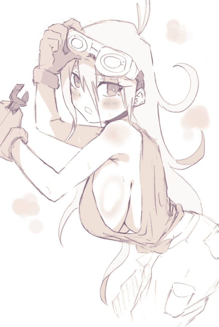 2024 big_breasts breasts dadadaeki00 danganronpa danganronpa_v3 female female_focus female_only goggles goggles_on_head iruma_miu long_hair mechanic sideboob sketch tank_top thighs wrench