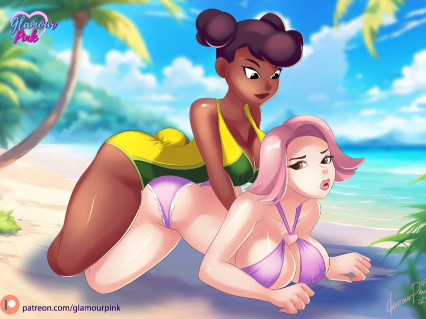 2girls applying_sunscreen april_may april_o'neil april_o'neil_(rise_of_the_tmnt) beach bikini crossover eastern_and_western_character glamourpink gyakuten_saiban rise_of_the_teenage_mutant_ninja_turtles sunbathing swimsuit teenage_mutant_ninja_turtles