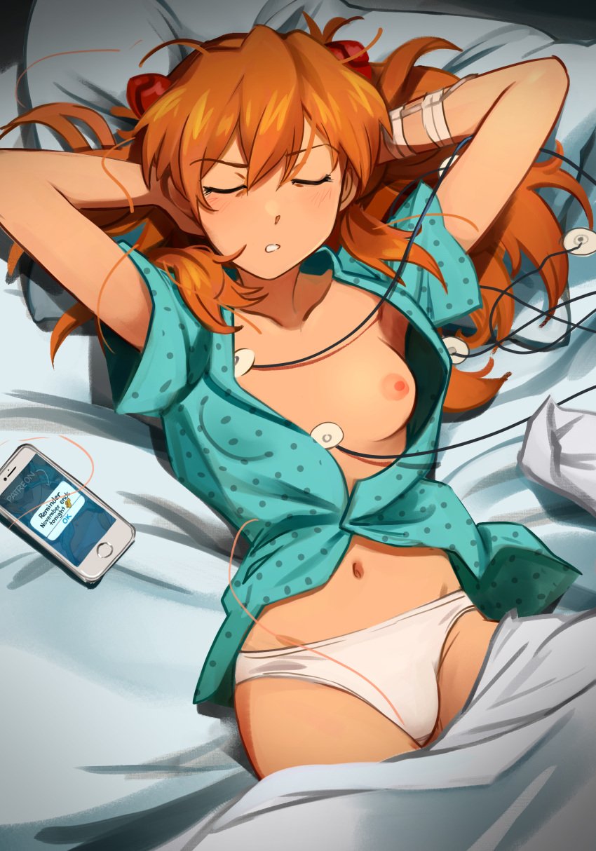 asuka_langley_sohryu breasts hospital khyleri light-skinned_female light_skin neon_genesis_evangelion neopn_genesis_evangelion nipples orange_hair phone sleeping solo solo_female white_panties