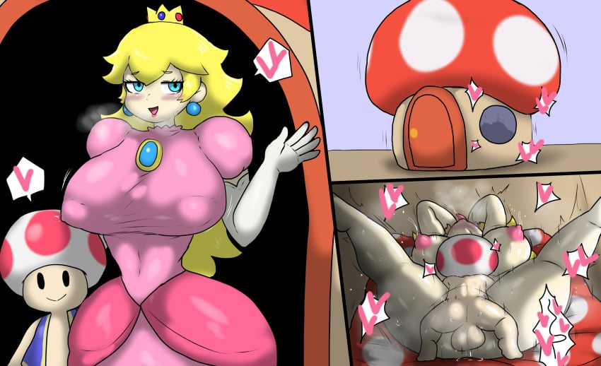 1boy 1girls ass blonde_hair breasts clothed clothing dress enigi09 female heart long_hair male mario_(series) mating_press penis pink_dress princess_peach sex simple_background smaller_male testicles tight_clothing toad_(mario)