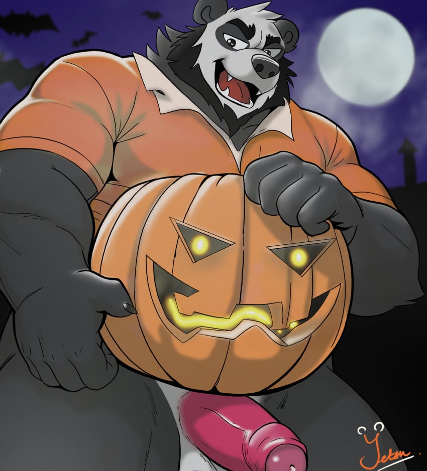 anthro balls bear bodily_fluids bottomless bottomless_anthro bottomless_male clothed clothing digital_media_(artwork) erection food foreskin fruit full_moon fur genital_fluids genitals giant_panda halloween hi_res holding_object holding_pumpkin holidays humanoid_genitalia humanoid_penis jack-o'-lantern leaking_precum looking_at_viewer male mammal moon muscular muscular_anthro muscular_male night open_mouth outside overweight overweight_anthro overweight_male partially_retracted_foreskin penis plant precum pumpkin shirt smile solo teeth topwear yetsu