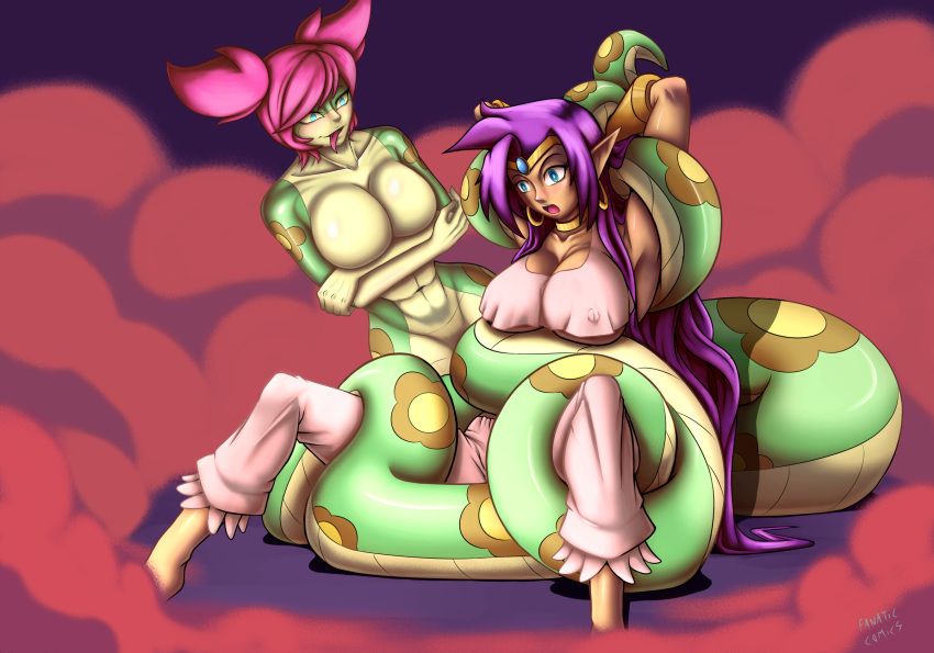 barefoot bottomless coils dark_skin erect_nipples_under_clothes fanatic-comics female_only femdom femsub genie green_skin hypnotic_eyes kaa_eyes lamia large_breasts long_hair mind_control monster_girl naga open_mouth pajamas pointy_ears purple_hair red_hair restrained ring_eyes shantae shantae_(character) sitting smile smooth_skin snake snake_girl tongue_out tuki_(shantae) yellow_eyes yuri