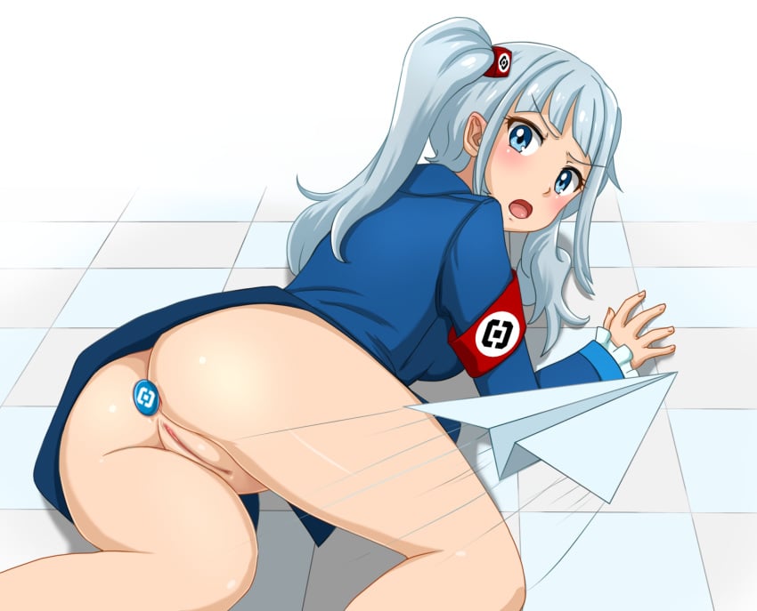 :o all_fours armband blue_eyes blue_hair blush breasts buttplug checkered checkered_floor eyebrows_visible_through_hair female frilled_sleeves frills highres huyase long_hair long_sleeves looking_at_viewer looking_back no_panties open_mouth original paper_airplane pussy rkn rkn-chan site-tan solo uncensored