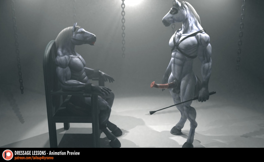 3d_model animal_genitalia animal_penis ball_gag balls bound chains equine equine_penis erection fur gag grey_fur harness horse horsecock long_tail male male_only mammal mane mask muscular nude penis realistic tailsup4tyranno whip white_fur