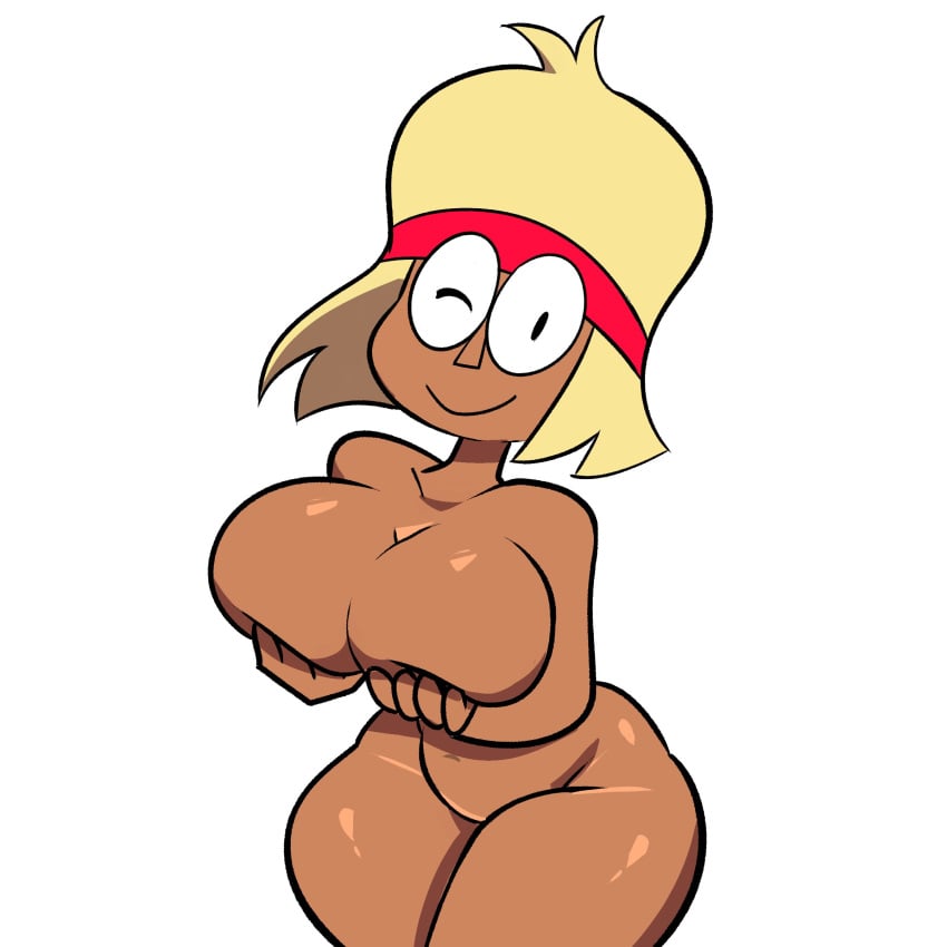 1girls big_breasts blonde_hair breasts busty carol_kincaid cleavage covering_breasts female female_only headband huge_breasts large_breasts looking_at_viewer monamania nude nude_female ok_k.o.!_let's_be_heroes smile solo thick_thighs wide_hips