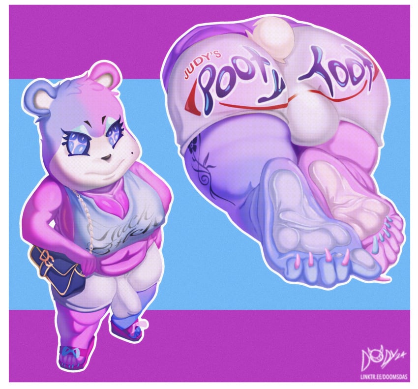 1:1 5_fingers 5_toes animal_crossing anthro ass bear belly big_breasts big_butt bottomwear breasts bulge chubby chubby_anthro chubby_belly claws cleavage clothing colored_nails crop_top designer_clothes dickgirl digital_drawing_(artwork) digital_media_(artwork) doomsday_(doomsday-ent) doomsday_anthro feet foot_fetish foot_focus footwear fur futanari genital_outline glistening glistening_body glistening_skin gynomorph handbag hi_res hotpants humanoid_feet intersex judy_(animal_crossing) leg_tattoo looking_at_viewer mammal multicolored_body multicolored_fur nails navel nintendo pawpads paws pedicure ribbons sandals shirt shoes short_shorts shorts shortstack skindentation smug_face sparkles sparkling_eyes tattoo text text_on_clothing text_on_topwear thick_thighs toe_claws toe_curl toe_scrunch toes topwear ursine wedge_heels wide_hips