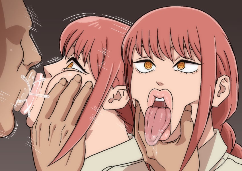 chainsaw_man emotionless emotionless_female forced hokameshi1 kissing kissing makima_(chainsaw_man) nonconsensual red_hair tongue tongue_out yellow_eyes