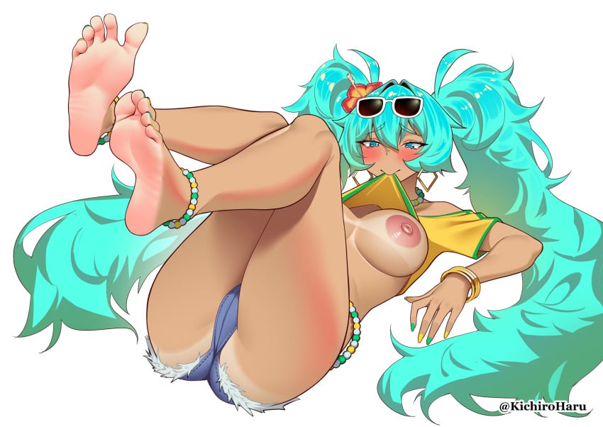 2024 ass big_toes blue_eyes blue_hair blush blushed_soles brazilian brazilian_miku breasts feet feet_up female female_focus female_only flashing flashing_breasts flower flower_in_hair green_nails haruse hatsune_miku laying_on_back long_hair nail_polish nipples painted_fingernails painted_nails painted_toenails shirt shirt_in_mouth shirt_lift short_shorts shorts sunglasses sunglasses_on_head tanline tanned tanned_female thick_thighs thighs tied_hair vocaloid white_background yellow_nails