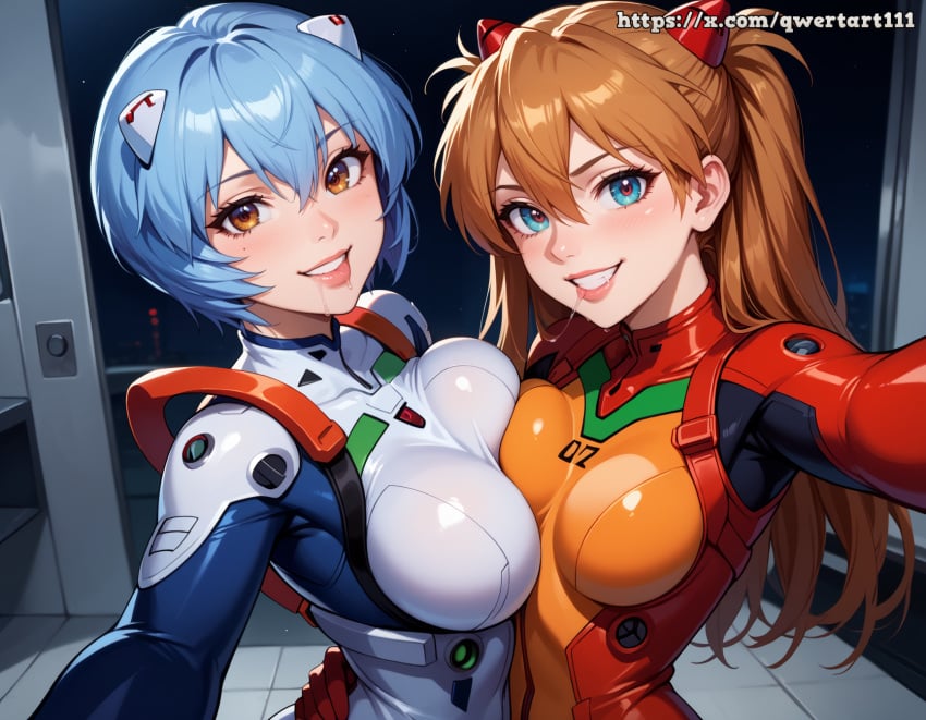 2girls ai_generated asuka_langley_sohryu blue_eyes blue_hair blush bodysuit brown_eyes brown_hair brown_hair curvy drooling highres hourglass_figure hug indoors medium_breasts narrow_waist neon_genesis_evangelion qwertart reaching_out reaching_towards_viewer rei_ayanami selfie shiny_skin slim slim_waist small_breasts smile tagme teeth wide_hips