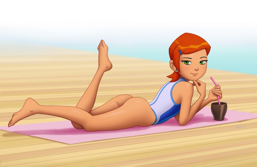 2d ass barefoot beach ben_10 cartoon_network drew_gardner feet female full_color ginger gwen_tennyson legs looking_at_viewer no_penetration petite small_breasts soles solo solo_female swimsuit tagme toes