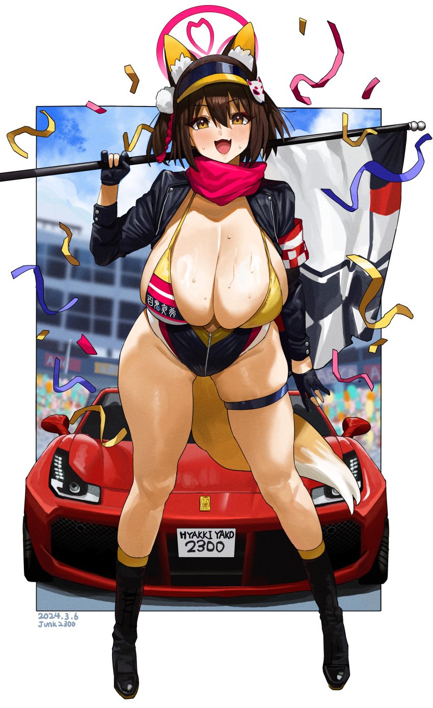 1girls aged_up animal_ears bikini blue_archive blush boots brown_hair busty car curvy cute_fang dated eyeshadow feipin_zhanshi female flag fox_ears fox_girl fox_hair_ornament fox_tail gloves hair_ornament halo holding_flag huge_breasts izuna_(blue_archive) knee_boots leotard looking_at_viewer oerba_yun_fang open_mouth outdoors race_queen red_eyeshadow scarf short_hair skindentation smile solo sports_car sweat sweatdrop sweaty_body sweaty_breasts swimsuit tail thick_thighs thigh_strap yellow_eyes