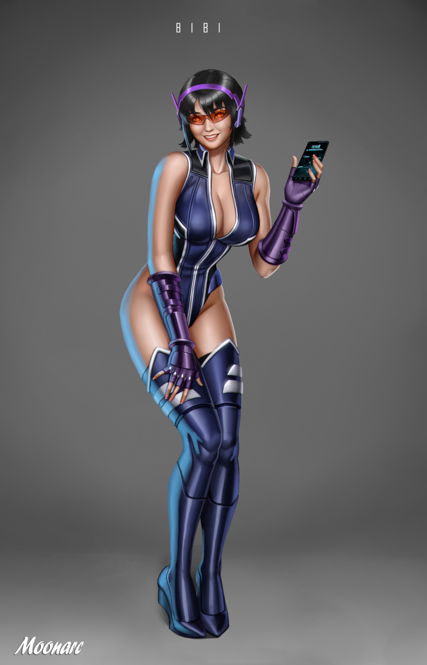 bibi_rodriguez cellphone cleavage female glasses hips leotard moonarc neo_knights smile solo superhero