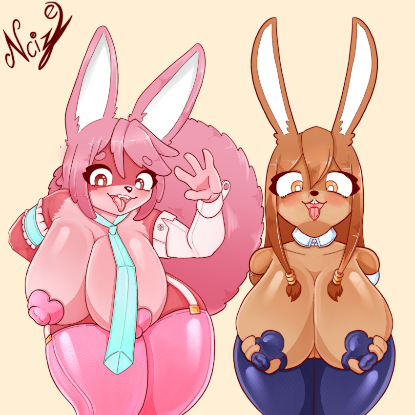 1:1 absurd_res anthro big_breasts blush breasts clothing costume duo exhibitionism female female/female glistening glistening_body hi_res hybrid lagomorph latex leporid mammal ncize rabbit reverse_bunny_costume thick_thighs