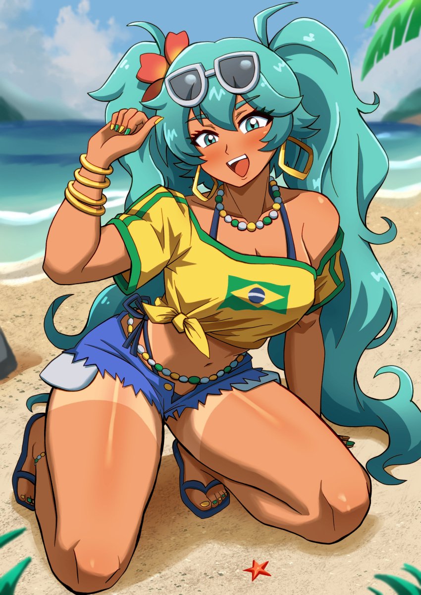 brazilian_flag brazilian_miku flag_print hatsune_miku sandals shiya squatting tanned_skin twintails