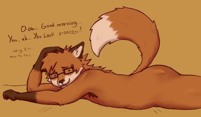 after after_sex armpit_hair bloody_butterfl chubby chubby_male cute first_time fox fox_boy fox_ears fox_tail furry furry_fox furry_male furry_only glasses laying_down laying_on_bed laying_on_stomach looking_at_viewer male_only morning nudity original_character red_fur rudolf_oc self_upload sex shy text wholesome