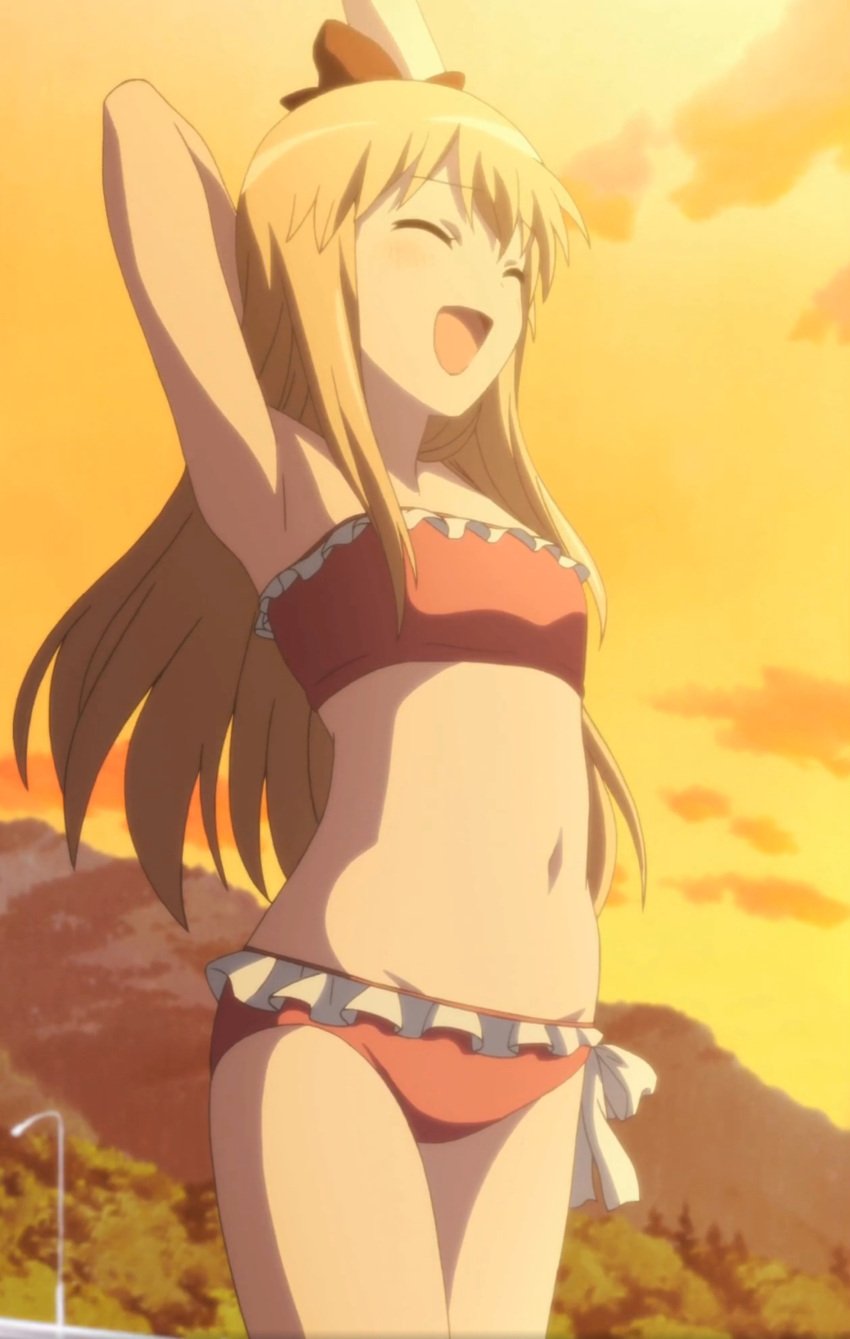 1girls armpits arms_behind_head arms_up belly belly_button bikini bikini_bottom bikini_top blonde_hair closed_eyes female open_mouth toshinou_kyouko yuru_yuri yuruyuri