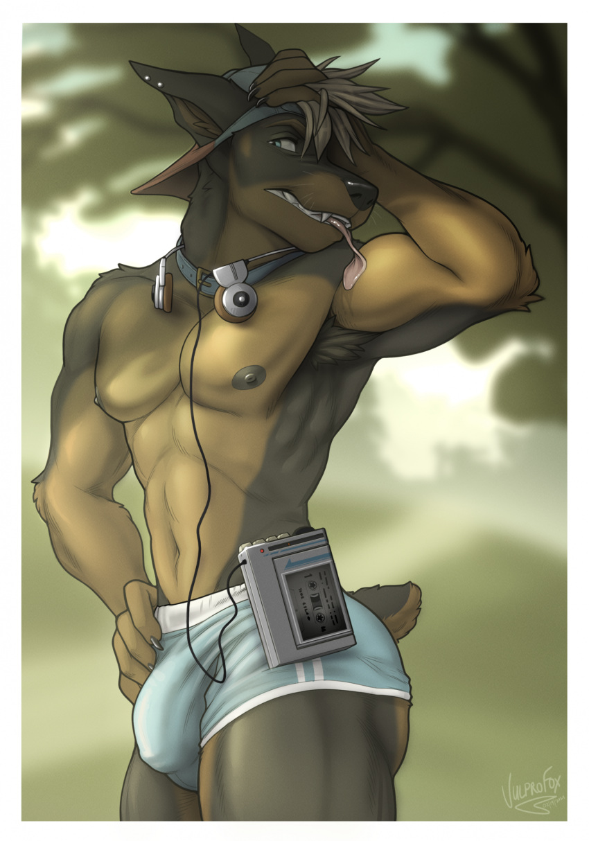 ass bottomwear bulge canid canine canis clothing digital_drawing_(artwork) digital_media_(artwork) dobermann domestic_dog ear_piercing hair hat headgear headwear hi_res male mammal nipples piercing pinscher running shorts solo underwear vulprofox walkman