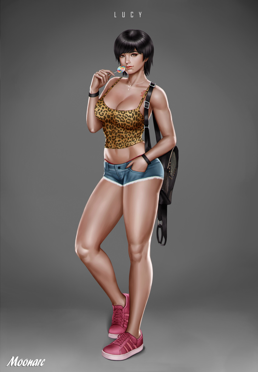 breasts cleavage crucifix large_breasts leopard_print lollipop lucy_lennon mole_under_mouth moonarc muscle neo_knights short_hair short_shorts sneakers thong