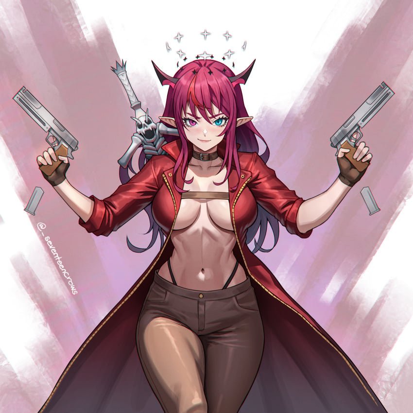 >:) +_+ 1girls artist_name big_breasts black_panties blue_eyes blush breast_strap breasts breasts_apart buckle coat collar cosplay cowboy_shot dante_(devil_may_cry) devil_may_cry devil_may_cry_3 double_halo dual_wielding female fingerless_gloves gloves grin gun halo handgun heterochromia highleg highleg_panties highres holding holding_gun holding_weapon hololive hololive_english hololive_english_-promise- horns irys lapels large_breasts leather_collar long_coat long_hair looking_at_viewer magazine_(weapon) navel no_bra open_clothes open_coat panties pants panty_straps pointy_ears purple_eyes purple_hair red_hair seventeencrows shirtless sidelocks signature skull sleeves_past_elbows smile smug solo streaked_hair string_panties sword toned trigger_discipline underwear v-shaped_eyebrows virtual_youtuber weapon