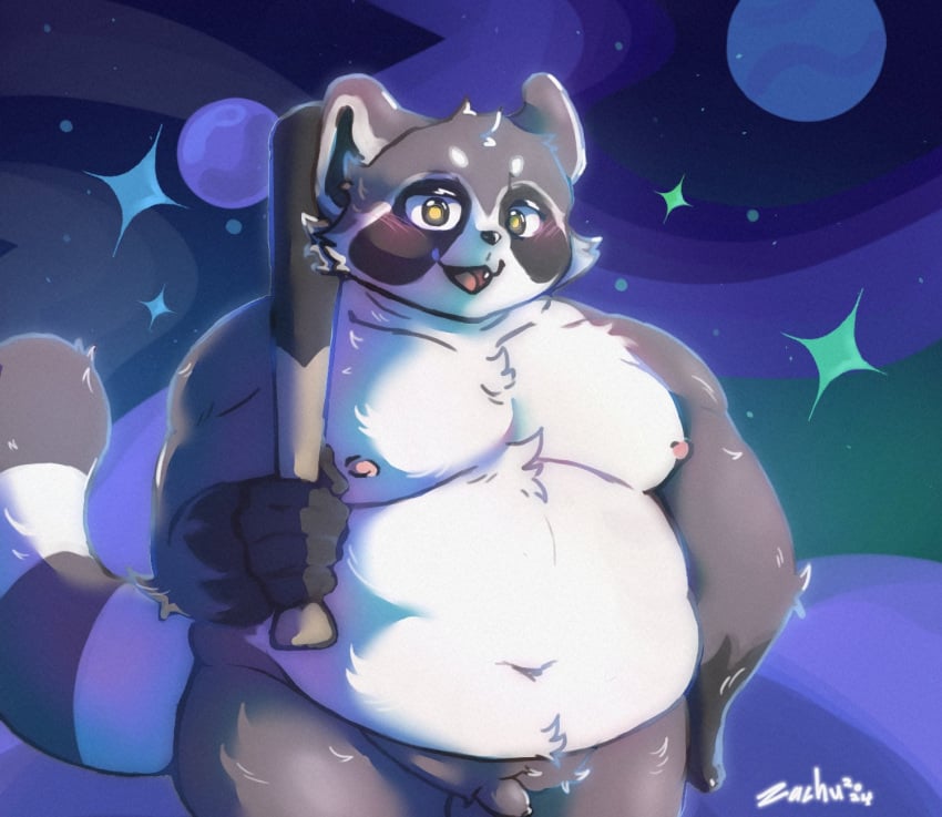 2024 anthro balls baseball_bat bat_(object) belly big_belly black_nose blush flaccid galactic_baseballer_(honkai:_star_rail) genitals grey_body hi_res honkai:_star_rail hybrid kemono male mammal mihoyo moobs navel nipples open_mouth overweight overweight_male penis procyonid raccoon small_penis solo space white_body zardacian