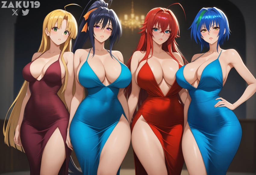 1boy 2024 4girls ai_generated akeno_himejima asia_argento big_breasts black_hair blue_hair dress gala high_school_dxd large_breasts ponytail red_hair rias_gremory stable_diffusion thick_thighs thighs uncensored voluptuous voluptuous_female xenovia_quarta yellow_hair zaku19