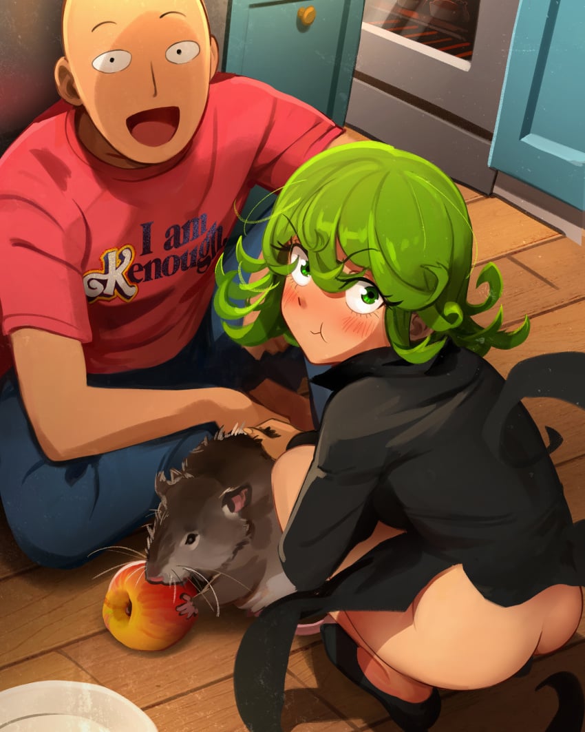 1boy 1girls apple ass blush bottomless female green_hair khyleri male one-punch_man rat rodent saitama tatsumaki very_cute