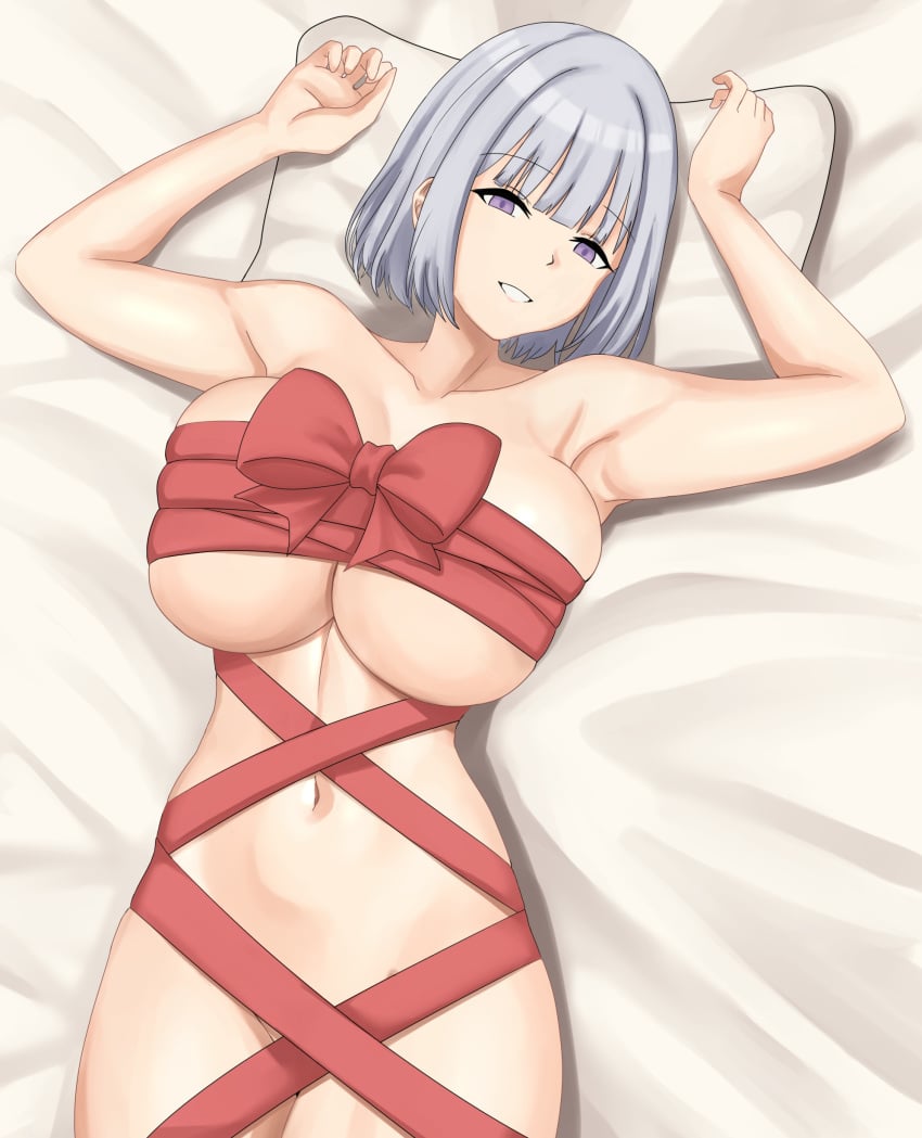 absurdres armpits big_breasts breasts cleavage collarbone cyka female gift gift_wrapped gift_wrapping girls'_frontline grey_hair highres large_breasts looking_at_viewer lying nude on_back on_bed purple_eyes ribbon_bondage rpk-16_(girls'_frontline) short_hair smile solo