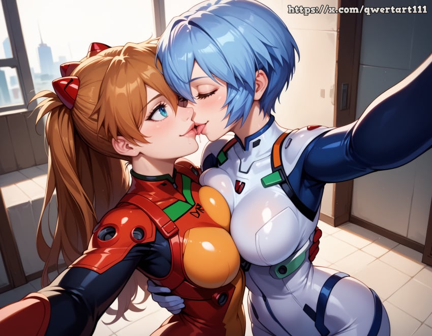 2girls ai_generated asuka_langley_sohryu blue_eyes blue_hair blush bodysuit breasts breasts_to_breasts brown_eyes brown_hair brown_hair curvy drooling eye_contact french_kiss highres hourglass_figure hug indoors kissing lesbian_kiss looking_at_another looking_at_each_other medium_breasts narrow_waist neon_genesis_evangelion qwertart reaching_out reaching_towards_viewer rei_ayanami selfie shiny_skin slim slim_waist small_breasts smile tagme teeth waist_grab wide_hips yuri