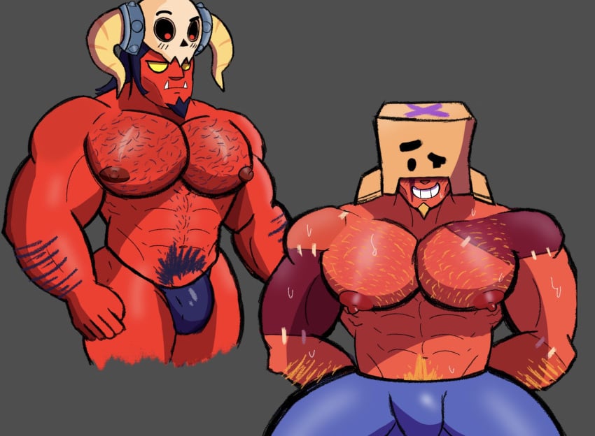 2boys arm_hair arms_behind_back bo_(brawl_stars) box brawl_stars bulge clothing demon demon_boy duo facial_hair fangs frankengrom gay gay_male grey_background grom_(brawl_stars) hairy hairy_male horns male male_only muscular muscular_male nipples pants partially_clothed pecs pubic_hair scar skull skull_hair_ornament smile supercell thighs underwear underworld_bo_(brawl_stars) xtra0182 yellow_eyes