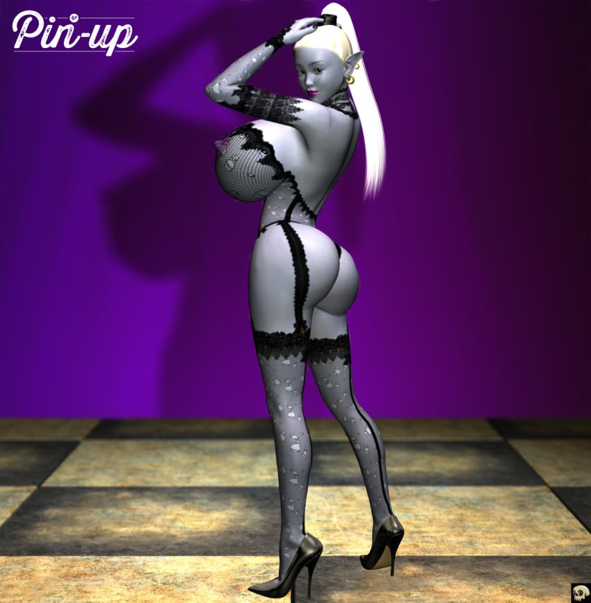 1girls 3d back_view bare_shoulders big_breasts black_eyes blue_skin busty butt_crack curvy dark_elf detached_sleeves detailed_background ear_piercing earrings elf erect_nipple erect_nipples eyelashes female female_only fishnet garter garter_straps high_heels hourglass_figure humanoid indoors inside lingerie lipstick long_hair looking_at_viewer looking_back makeup manaworld nail_polish nipple_bulge piercing ponytail pose posing purple_lipstick room shadow shadow_elf sideboob solo standing syx thong tied_hair voluptuous white_hair wide_hips xskullheadx