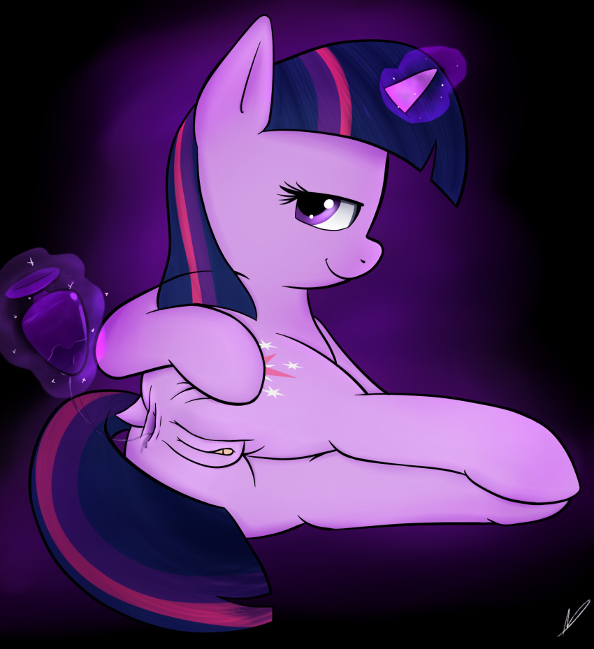 2016 abstract_background anus ass buttplug cutie_mark equine female feral friendship_is_magic fur gaping gaping_anus hair hi_res horn looking_at_viewer looking_back magic mammal multicolored_hair my_little_pony neighday presenting purple_eyes purple_fur pussy sex_toy smile solo twilight_sparkle_(mlp) unicorn