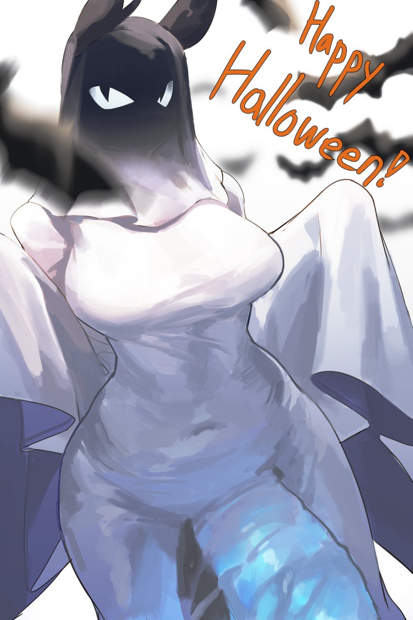 2024 anthro bat bat_wings bulge bulge_through_clothing color colored english_text futanari ghost ghost_costume glowing_eyes halloween halloween_costume halloween_theme happy_halloween nexo_(xeono) solo solo_futa text upper_body_focus xeono