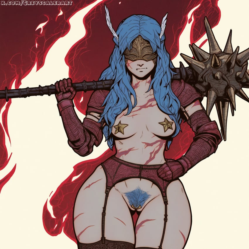 ai_generated armor blue_hair breasts_out burn_scar female female_only fire garter_belt garter_straps greyscaler helmet long_hair mace midriff pasties pubic_hair revealing_clothes scars small_breasts solo solo_female spiked_mace standing tagme visor weapon weapon_over_shoulder winged_helmet