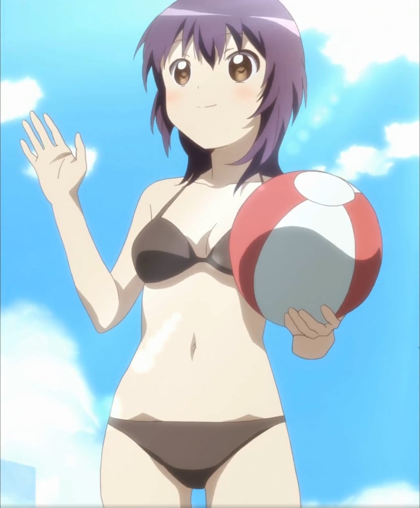 1girls beach_ball belly belly_button bikini bikini_bottom bikini_top brown_eyes closed_mouth female funami_yui open_eyes purple_hair sky_background smiling yuru_yuri yuruyuri