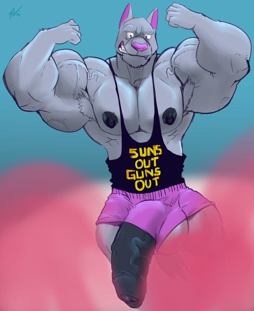 anthro balls big_balls big_penis bulge canine clothing cursedmarked flexing huge_cock humanoid_penis looking_at_viewer male male_only mammal muscular muscular_male pecs penis penis_through_leghole poking_out shirt smile solo tank_top uncut veiny_muscles waffle_(artist) waffle_(character)