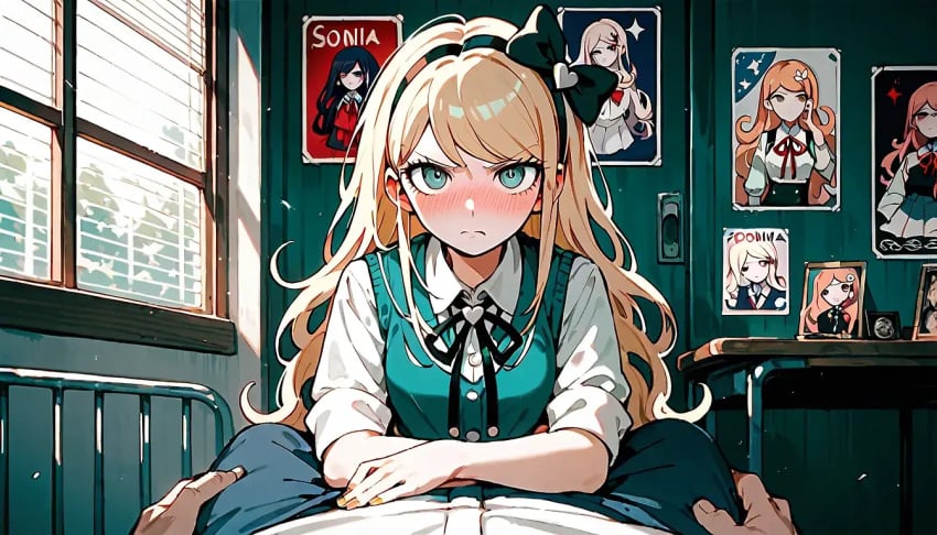 ai_generated arms_folded bedroom blush blush_lines danganronpa danganronpa_2:_goodbye_despair disappointed disappointed_look disapproval folded_arms hesitant looking_at_viewer nervous posters sonia_nevermind waiting