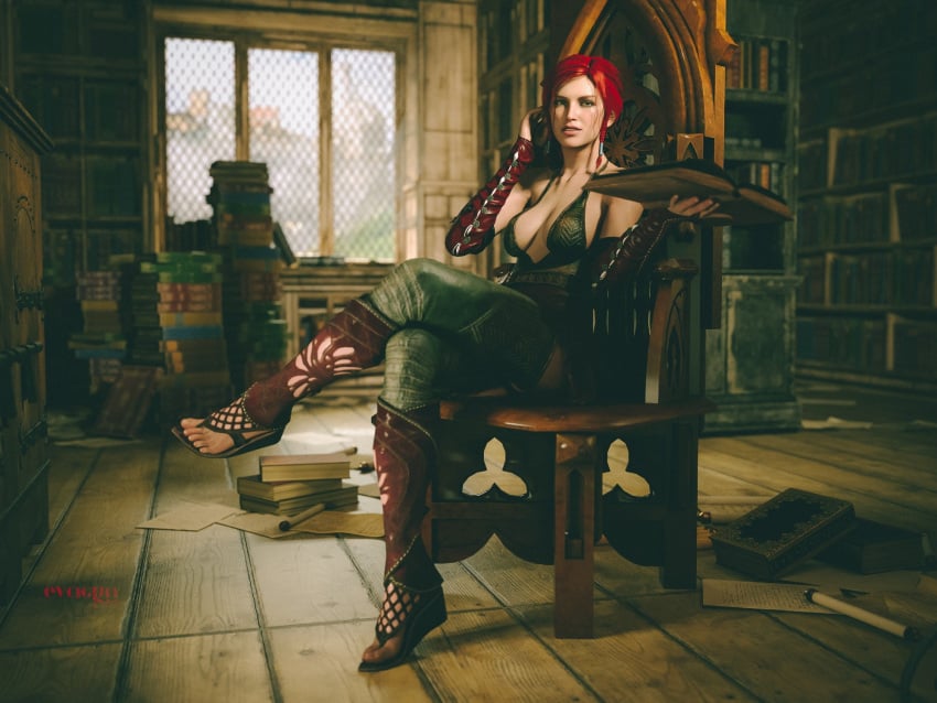 bikini_top books evacyn leather_boots leather_cuffs library open_toe_shoes red_hair sitting_in_chair triss_merigold