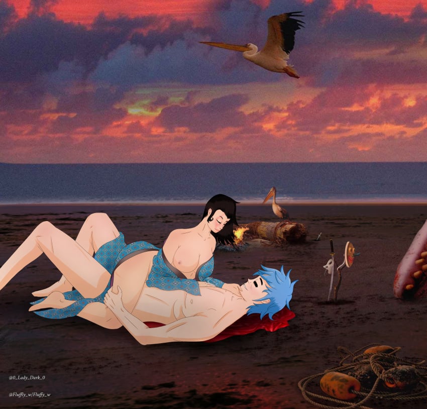 2d_(gorillaz) 2d_(plastic_beach) 2d_plastic_beach 2dxnoodle beach black_eyes black_hair blue_hair breasts breasts_out fluffy_w gorillaz noodle_(gorillaz) noodle_(plastic_beach) noodlex2d plastic_beach romantic romantic_couple