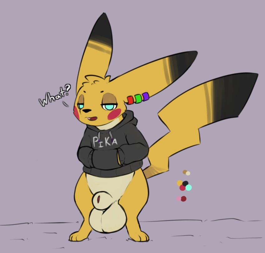 animal_genitalia balls big_balls bottomless clothed clothing generation_1_pokemon genitals hi_res hoodie hoodie_only mammal mouse murid murine nintendo pikachu pokemon pokemon_(species) rodent sarek_aran_desian sheath topwear topwear_only