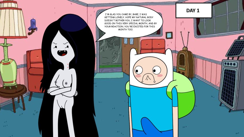 1boy adventure_time black_hair blush breasts breasts casual_nudity completely_nude completely_nude_female crossed_arms dialogue duo duo_focus erection erection_under_clothes exhibitionism fangs female finn_the_human grey_skin human indoors lincylover_(artist) long_hair looking_at_another marceline nipples no_nut_november nude nude_female_clothed_male nudist nudity pussy standing vampire vampire_girl