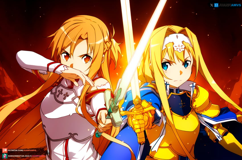 2girls ai_generated alice_schuberg armor armored_gloves blonde_hair blue_eyes brown_eyes juanpiamvs long_hair looking_at_viewer patreon patreon_username standing subscribestar subscribestar_username sword sword_art_online wallpaper watermark yuuki_asuna