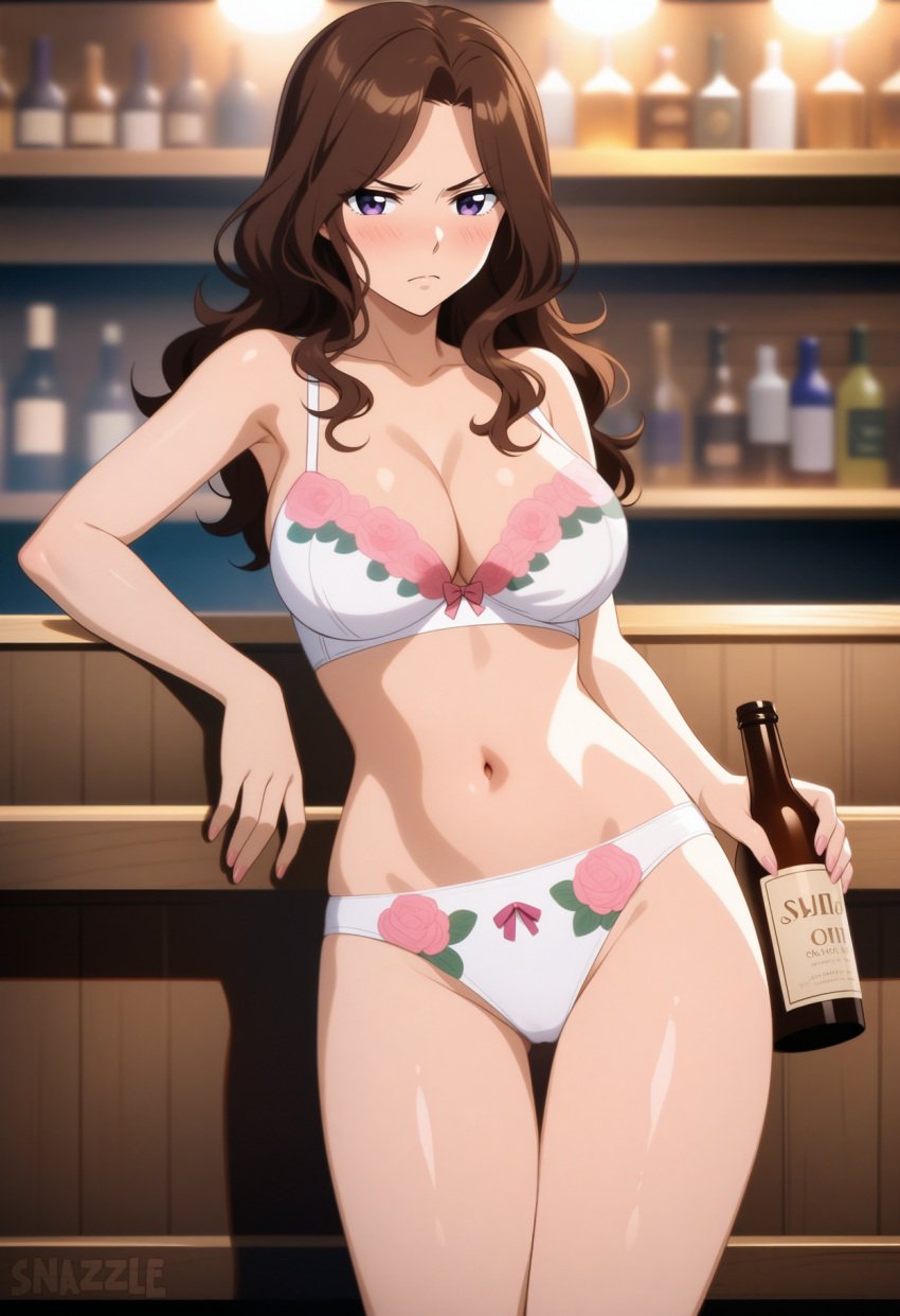 1girls ai_generated arm_support bar_(place) big_breasts blush bra breasts brown_hair cana_alberona cleavage collarbone drunk eyelashes fairy_tail floral_print frown holding_bottle large_breasts long_hair looking_at_viewer navel panties pink_rose purple_eyes shelf snazzdaz snazzle solo solo_focus stable_diffusion standing thigh_gap thighs watermark wavy_hair white_lingerie