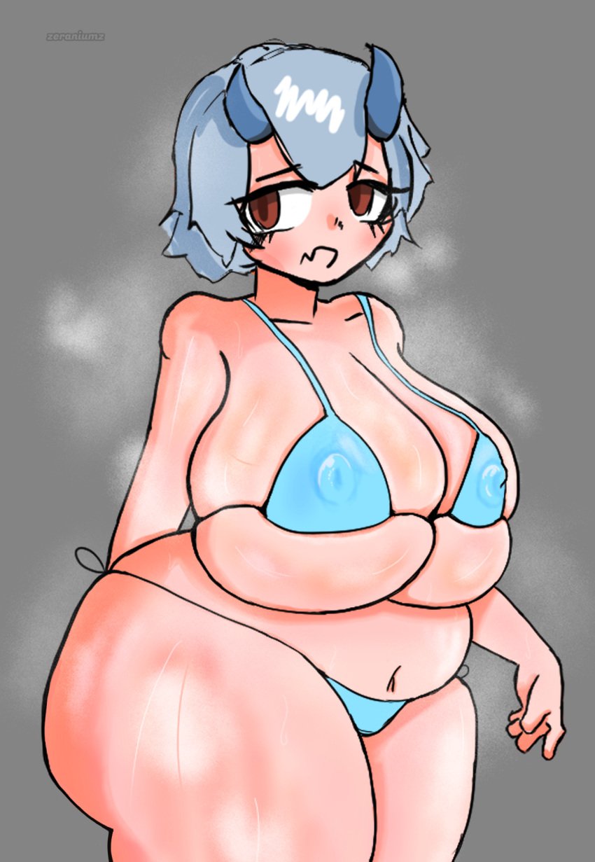 1girls bikini bikini_bottom bikini_top demon_girl demon_horns female huge_ass huge_breasts musk musk_clouds nipple_bulge nipples_visible_through_clothing original_character short_stack shortstack sweat tight_bikini tight_clothing zeraniumz