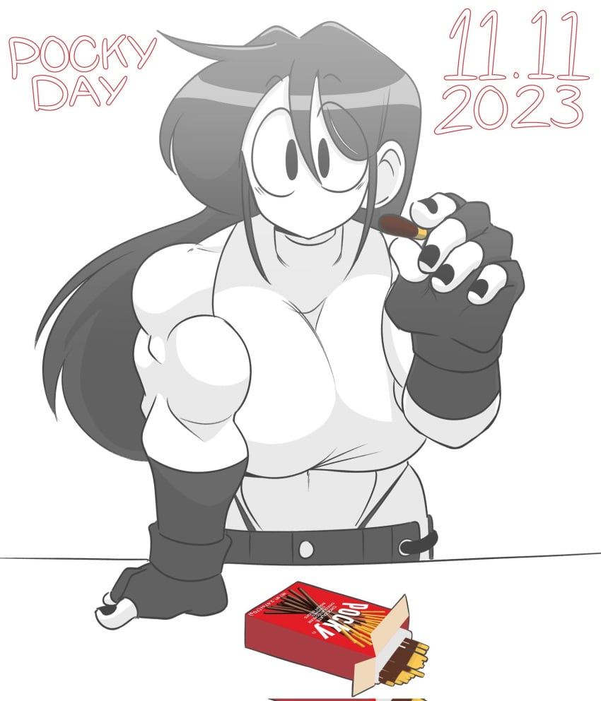 2023 black_eyes black_hair female female_focus female_only marie_(tag-a-long) mouthless mouthless_female muscle muscle_girl muscles muscular muscular_arms muscular_female noseless original original_art original_artwork pocky pocky_day solo_female tag-a-long white_body white_skin