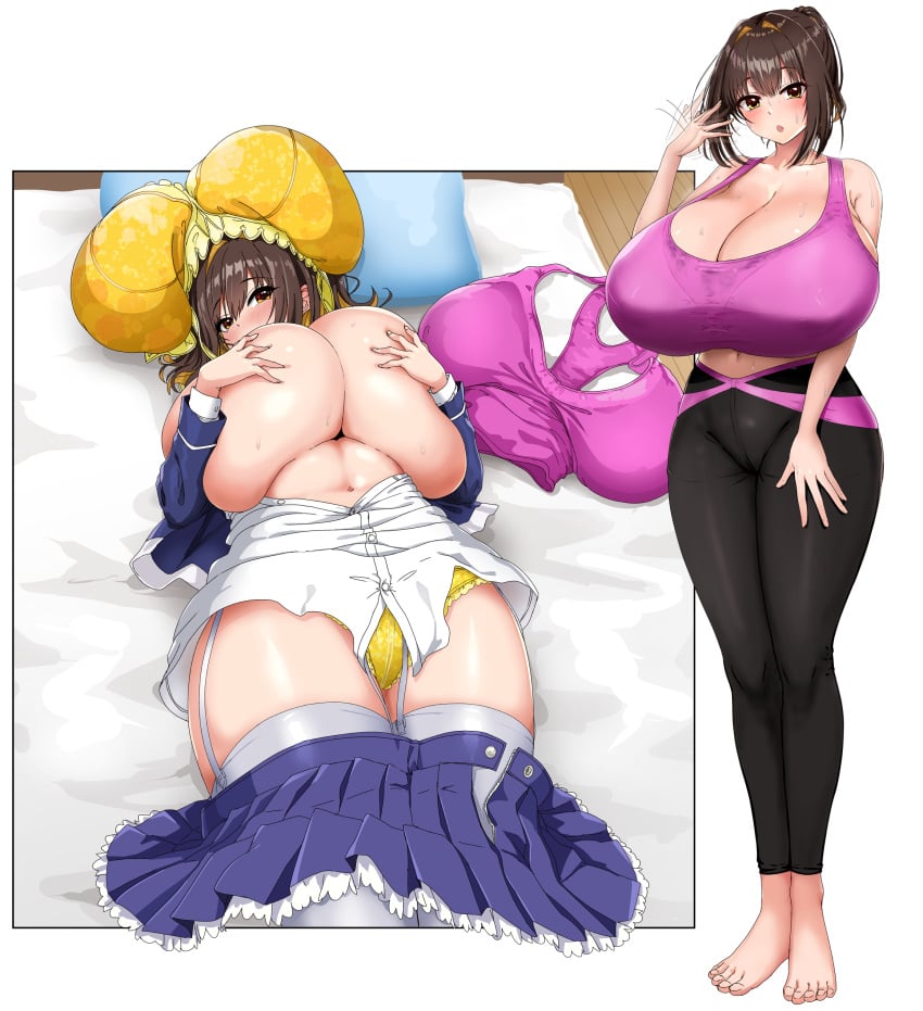 1girls belly blush bra bra_on_head brown_eyes brown_hair btk covering_breasts gigantic_breasts holding_breast huge_breasts laying_down laying_on_bed mino_ririsa panties school_uniform skirt solo solo_female sportswear thighhighs thighs yellow_bra yellow_panties yoga_pants