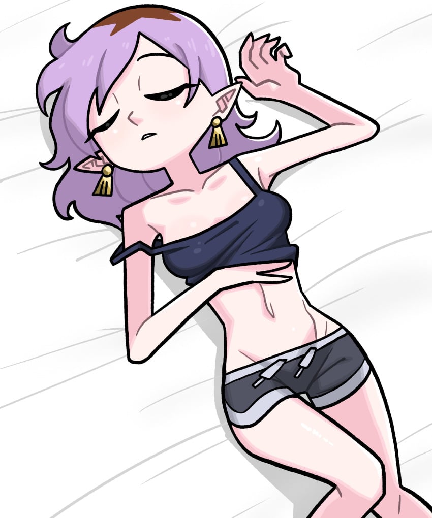 1girls amity_blight belly belly_button clavicle ear_piercing ear_ring earrings elf_ears female female_focus female_only fully_clothed humanoid laying_down laying_on_back medium_hair n___k___m not_porn pale-skinned_female pale_skin pointy_ears purple_hair sfw short_shorts shorts skinny skinny_girl sleeping solo solo_female solo_focus tank_top the_owl_house witch