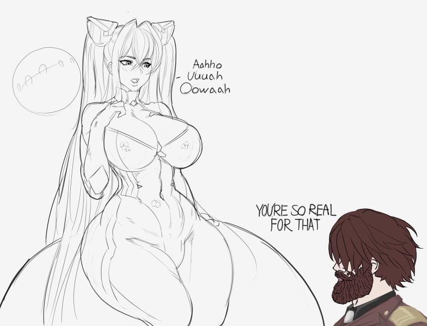 1boy 1girls beard blushing bodysuit breasts brown_hair english english_text female goddess_of_victory:_nikke huge_breasts little_mermaid_(nikke) long_hair looking_away male monochrome navel short_hair siren_(nikke) sitting sketch supersolenoid thick_thighs wide_hips