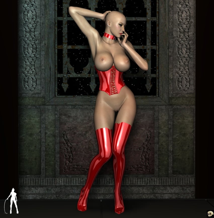 1girls 3d bald bare_shoulders big_breasts breast_outside breasts busty chey choker cleavage corset curvy detailed_background ear_piercing earrings erect_nipple erect_nipples female female_only footwear front_view gray_eyes high_heels hourglass_figure human indoors inside latex legwear looking_at_viewer nail_polish naked naked_footwear night nude piercing pose posing red_footwear red_legwear red_stockings room shaved_pussy solo standing stockings voluptuous wide_hips xskullheadx